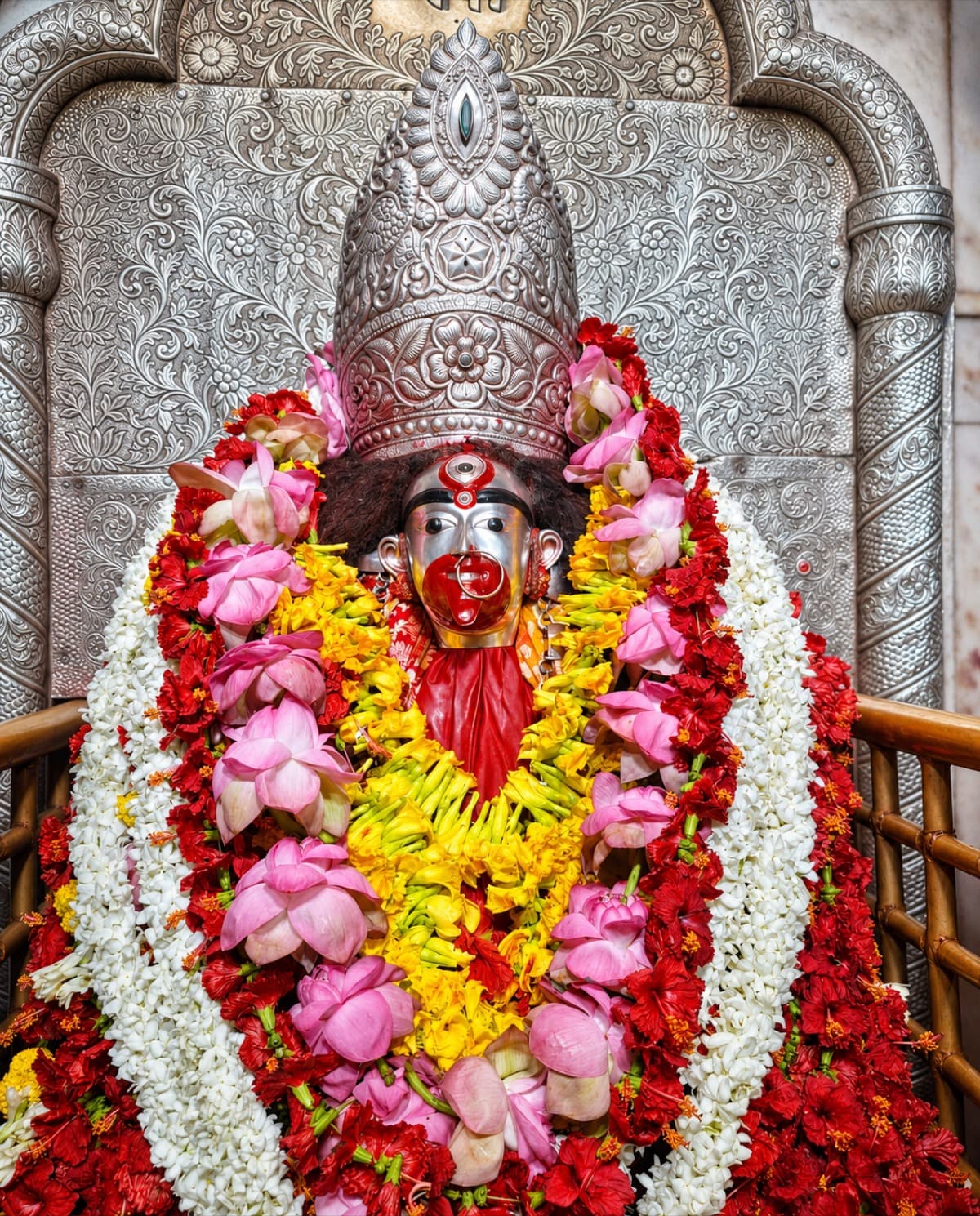 Maa Tara murti adorned with flower garlands at Tarapith temple